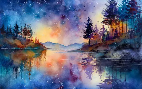 Aquarelle paysage d'un lac paisible reflétant un ciel étoilé aux couleurs vives, avec des silhouettes d'arbres sombres sur les rives.