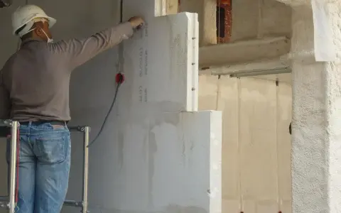 Un ouvrier en casque blanc travaille sur un mur en béton cellulaire, posant des blocs légers.
