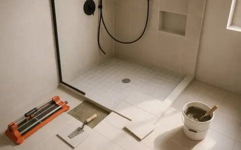 Pose de carrelage dans une salle de bain avec douche italienne. Outils de pose et seau de mortier à proximité.