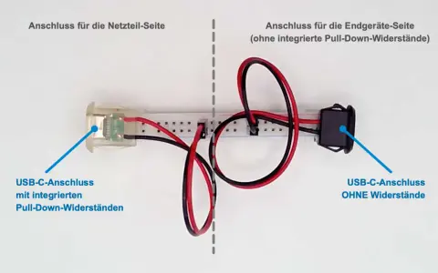 USB-C-Adapter mit und ohne Pull-Down-Widerstände. Ein Anschluss für das Netzteil, der andere für Endgeräte.