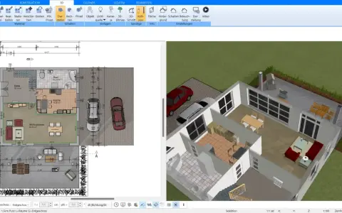 Grundriss und 3D-Ansicht eines modernen Hauses, das die Prinzipien eines Niedrigenergiehaus Definition erfüllt.