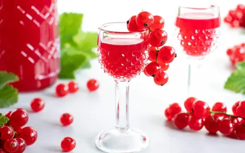 Rote Johannisbeeren schnaps ansetzen: Ein Glas mit rotem Likör, garniert mit frischen Beeren, daneben eine Flasche und weitere Johannisbeeren.