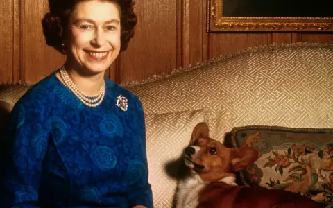 Królowa Elżbieta uśmiecha się, siedząc obok swojego wiernego psa rasy corgi.