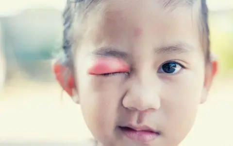 Bambina con occhio gonfio e arrossato, possibile segno di infezione o allergia. Le cause degli occhi gonfi nei bambini sono varie.