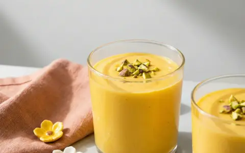 Två glas med krämig mango lassi, toppad med hackade pistagenötter. En rosa duk och små blommor ligger bredvid.