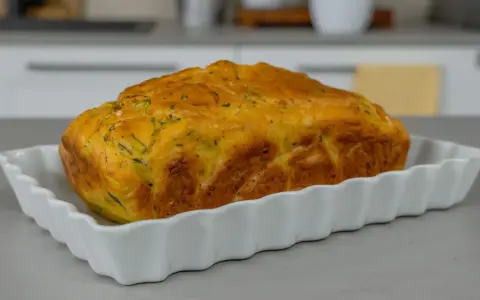 Sformato di zucchine dorato e fragrante, appena sfornato, servito in una pirofila bianca.