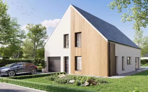 Une maison éco responsable moderne avec bardage bois, garage, jardin soigné et voiture.