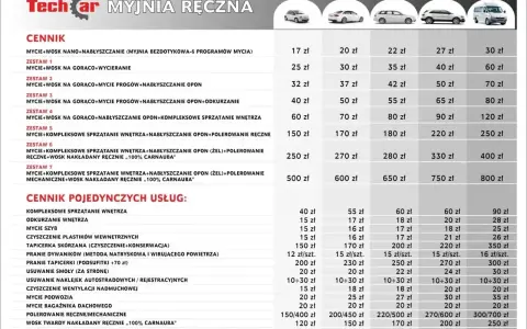 Cennik myjni ręcznej TechCar. Jak korzystać? Wybierz zestaw usług lub pojedynczą usługę, np. mycie z woskiem, odkurzanie wnętrza, polerowanie.