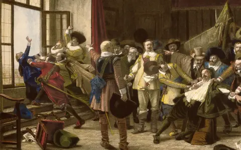 Der Prager Fenstersturz 1618: Männer werden aus einem Fenster gestoßen, ein dramatischer Moment der Geschichte.