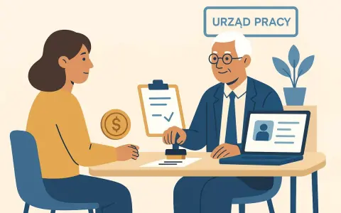 Urzędnik pieczętuje dokumenty, by pomóc kobiecie dowiedzieć się, jak się zwolnić żeby dostać zasiłek dla bezrobotnych.