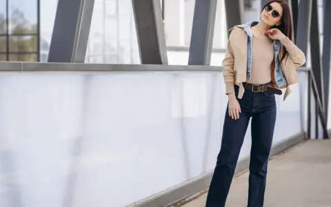 Kobieta w ciemnych jeansach straight, które podkreślają jej sylwetkę. Stylizacja uzupełniona beżową kurtką i okularami przeciwsłonecznymi.