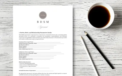 Formularz BDSM Agreement, określający role i parametry relacji. Dokument zawiera pola do wpisania danych obu stron, preferencji i struktury związku.