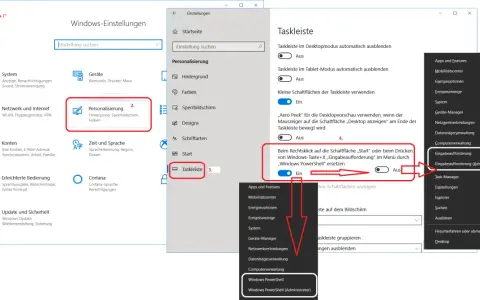 Windows-Einstellungen: Taskleiste. Rechtsklick auf "Start" oder Win+X ersetzt "Eingabeaufforderung" durch "Windows PowerShell (Administrator)".