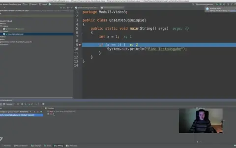 Java-Code wird im Debugger analysiert. Die Variable 'x' wird geprüft, was die Bedeutung von Debugging verdeutlicht.