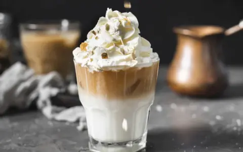 Un délicieux café liégeois, couronné de chantilly et de quelques éclats croquants, prêt à être dégusté.
