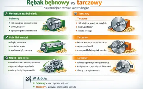 Porównanie rębaków: bębnowy (agresywny, mocny) i tarczowy (precyzyjny, z dobrym wykończeniem zrębki).