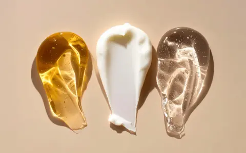 Tre olika hudvårdsprodukter i strängar: en gyllene olja, en vit kräm och en klar gel. Frågan är retinol hur ofta?