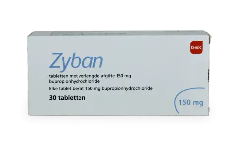 Zyban-Tablettenbox, 30 Stück, 150 mg. Ein Hilfsmittel gegen Rauchen, das Bupropionhydrochlorid enthält.