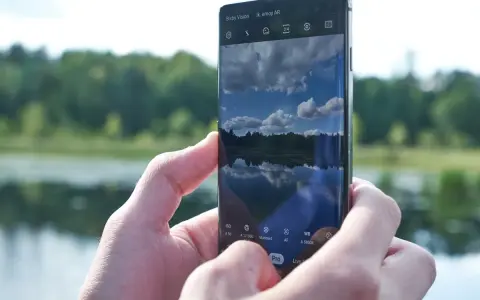 Dłonie trzymają smartfon Samsung S10, na ekranie którego widać odbicie nieba i lasu w spokojnej wodzie.