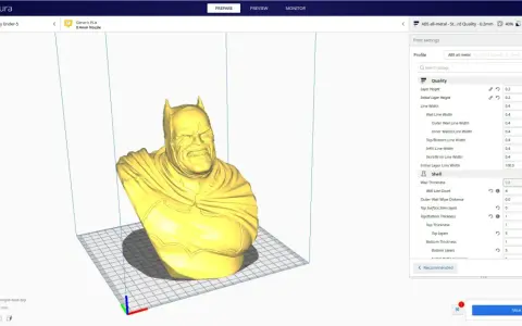 Busta Batmana w programie Ultimaker Cura. Ustawienia druku w zakładce "Print settings" pokazują parametry dla profilu "ABS all-metal".