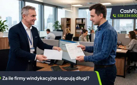 Dwóch mężczyzn w biurze wymienia dokumenty. Pytanie brzmi: za ile firmy windykacyjne skupują długi?