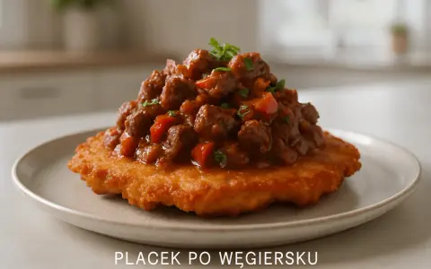 Placek po węgiersku – sycące danie z mięsem i warzywami na chrupiącym placku ziemniaczanym. Idealny przepis na obiad.