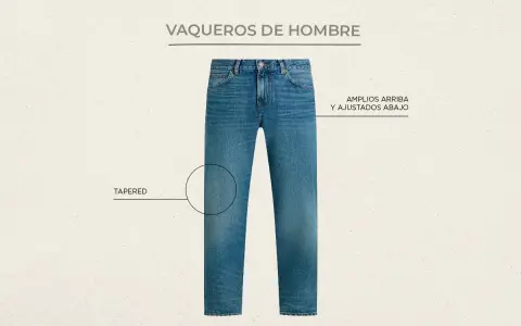 Vaqueros de hombre, amplios arriba y ajustados abajo, con corte tapered.