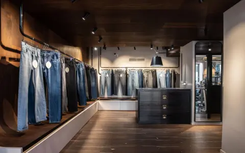 Jeans in vari lavaggi e tagli, inclusi modelli slim fit, esposti in un negozio moderno con pavimenti in legno scuro e illuminazione a faretti.