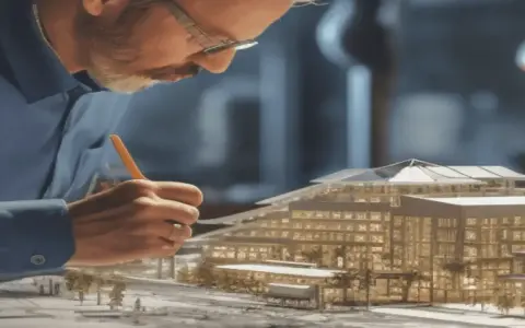 Architekt w okularach pracuje nad modelem budynku, trzymając ołówek.