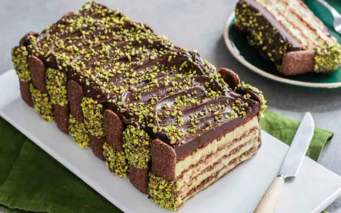 Torta fredda con strati di biscotti, crema e cioccolato, decorata con granella di pistacchio. Un tripudio di dolci al pistacchio.