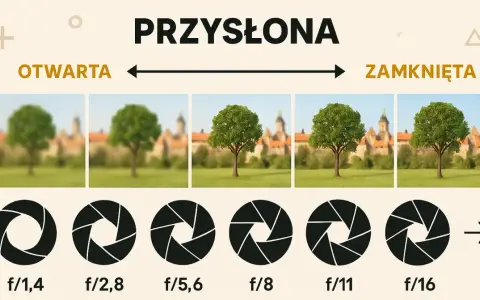 Przysłona w aparacie fotograficznym inaczej: od rozmytego tła do ostrości. Pokazane są różne wartości przysłony (f/1,4 do f/16) i ich wpływ na głębię ostrości.