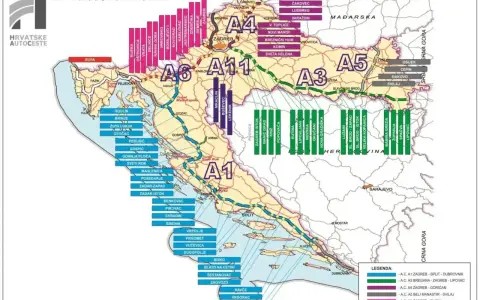 Mapa chorwackich autostrad z zaznaczonymi odcinkami i miastami. Kluczowe informacje o chorwackich opłatach drogowych.
