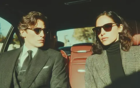 Coppia elegante in auto, lui con completo gessato e cravatta, lei con blazer a quadri. Un'idea per un outfit matrimonio inverno pantaloni chic.