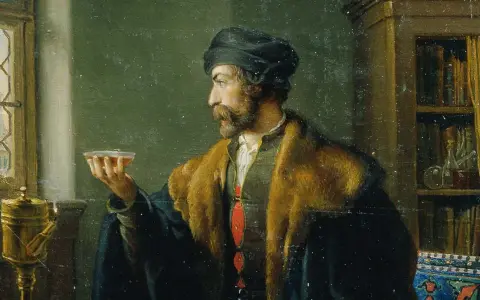 Mężczyzna w stroju z epoki trzyma kielich z płynem, stoi obok okna i regału z książkami.