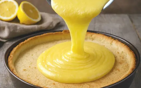 Une crème aux citrons onctueuse est versée dans une tarte. Des citrons coupés en deux sont visibles en arrière-plan.