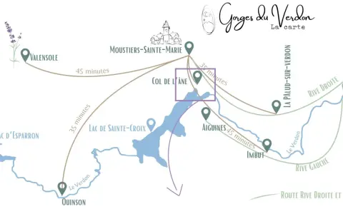 Carte des Gorges du Verdon, idéale pour une randonnée. Elle indique les distances et temps de trajet entre Valensole, Moustiers, Aiguines et le lac de Sainte-Croix.
