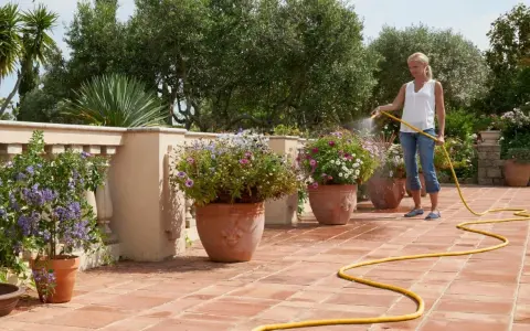 Mujer riega flores en macetas en una terraza, mostrando diferentes tipos de riego para mantenerlas sanas y vibrantes.