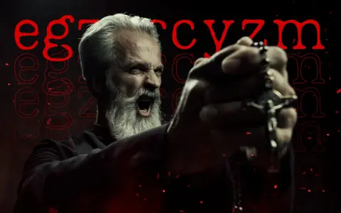 Gniewny mężczyzna z siwą brodą i różańcem w dłoni, krzyczący w ciemności. Słowo "egzorcyzm" widoczne w tle.