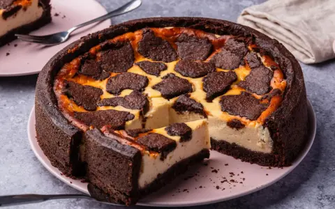 Ein saftiger russischer Zupfkuchen mit dunklem Schokoladenboden und cremiger Füllung, belegt mit zupfartigen Schokoladenstückchen.
