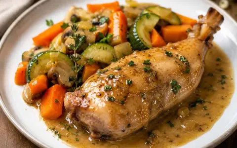 Un savoureux lapin chasseur, rôti à la perfection, servi avec des carottes, courgettes et champignons dans une sauce onctueuse.