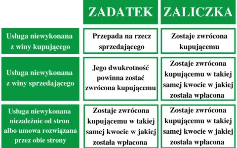 Tabela porównuje zadatek i zaliczkę. Zaliczka jest zawsze zwracana kupującemu, nawet jeśli usługa nie zostanie wykonana.