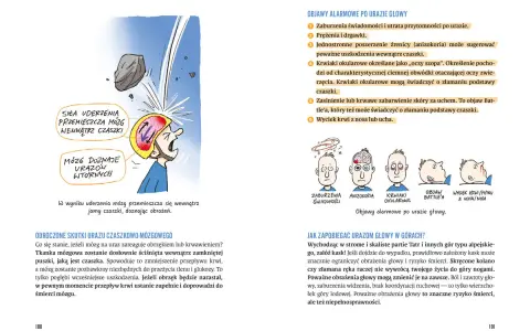 Pierwsza pomoc w górach: ilustracja pokazuje uraz głowy i objawy alarmowe, podkreślając znaczenie kasku.