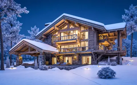 Casa de montaña nevada con luces cálidas, ideal para aerotermia en zonas frías.