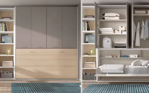 Armario con cama abatible vertical, estanterías y espacio para colgar ropa. Ideal para optimizar espacios.