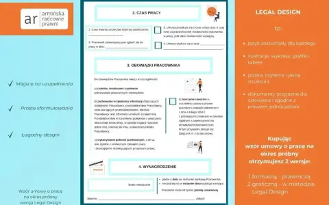 Wzór umowy o pracę z emerytem, wersja graficzna Legal Design. Proste sformułowania i przejrzysta struktura dokumentu.