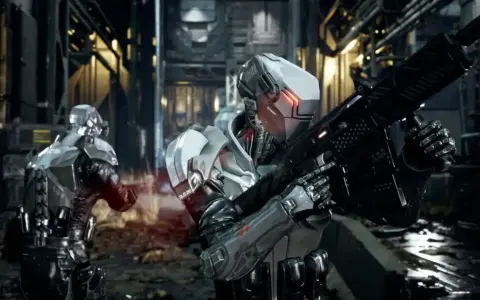 Soldados cibernéticos en Neo Berlin 2087, uno con rifle futurista, listos para la acción en un entorno urbano sombrío.