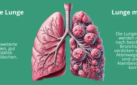 Vergleich von gesunder Lunge und Lunge mit COPD. Die COPD-Lunge zeigt geschädigte Lungenbläschen und verdickte Bronchien, was zu Atemnot führt, auch ohne Husten.