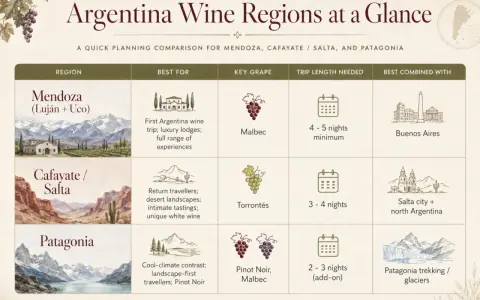 Mendoza, Argentina: ideal for first wine trips, luxury lodges, and Malbec. Plan 4-5 nights. Combine with Buenos Aires.