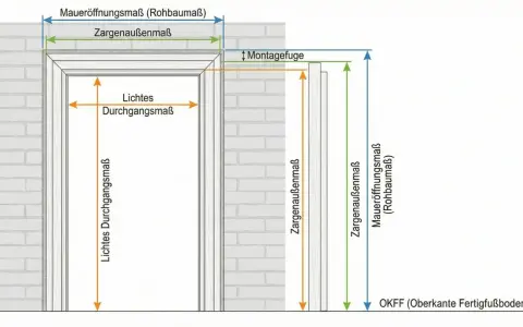 Maße einer Türzarge nach DIN 18100: Maueröffnungsmaß, Zargenaußenmaß, lichte Durchgangsmaße und Montagefuge sind dargestellt.