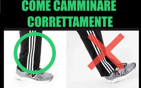 Immagine mostra come camminare correttamente: gamba sinistra con cerchio verde, gamba destra con croce rossa.